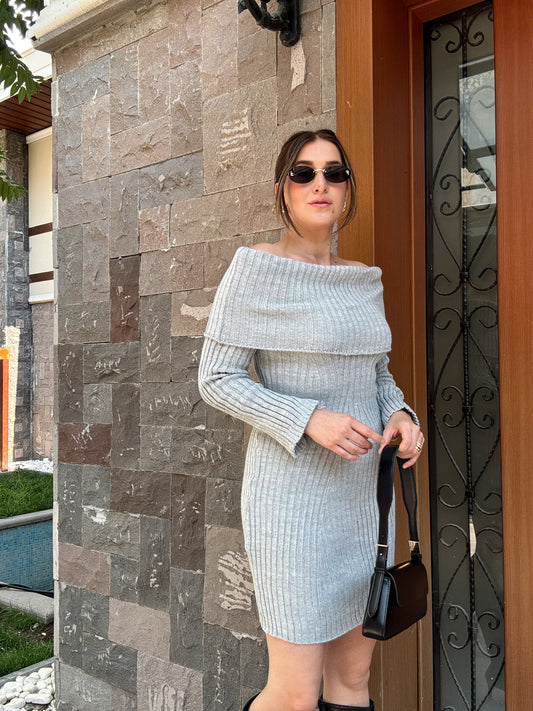 Kalın Fitil Madonna Yaka Elbise-GRİ