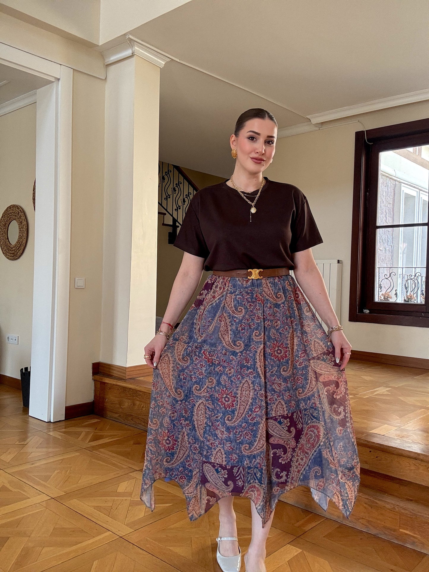 Asimetrik kesim vintage desenli şifon etek MAVİ