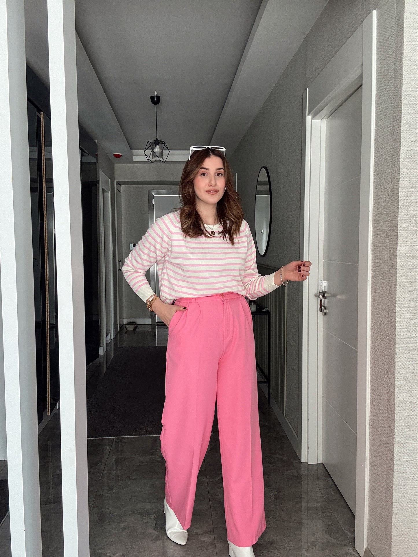 İTALYAN KOL ÇİZGİLİ POLİELİT KAZAK - PEMBE