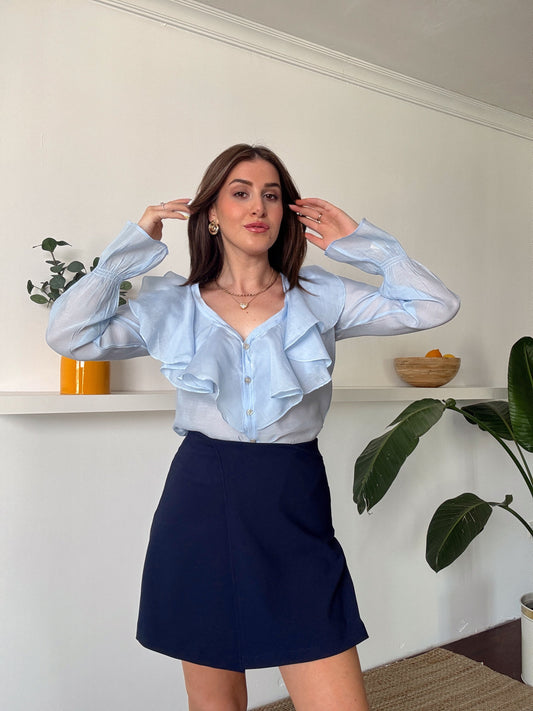 Fırfır Detaylı Aerobin Kumaş Gömlek Mavi