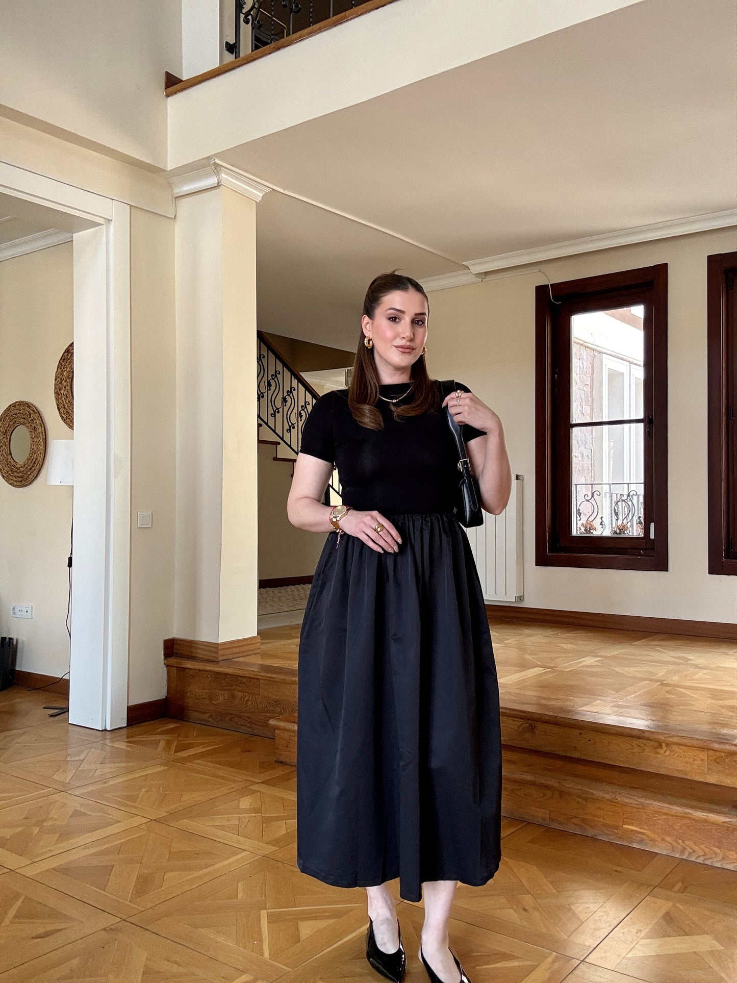 Kısa kollu alt poplin modal elbise Sİyah