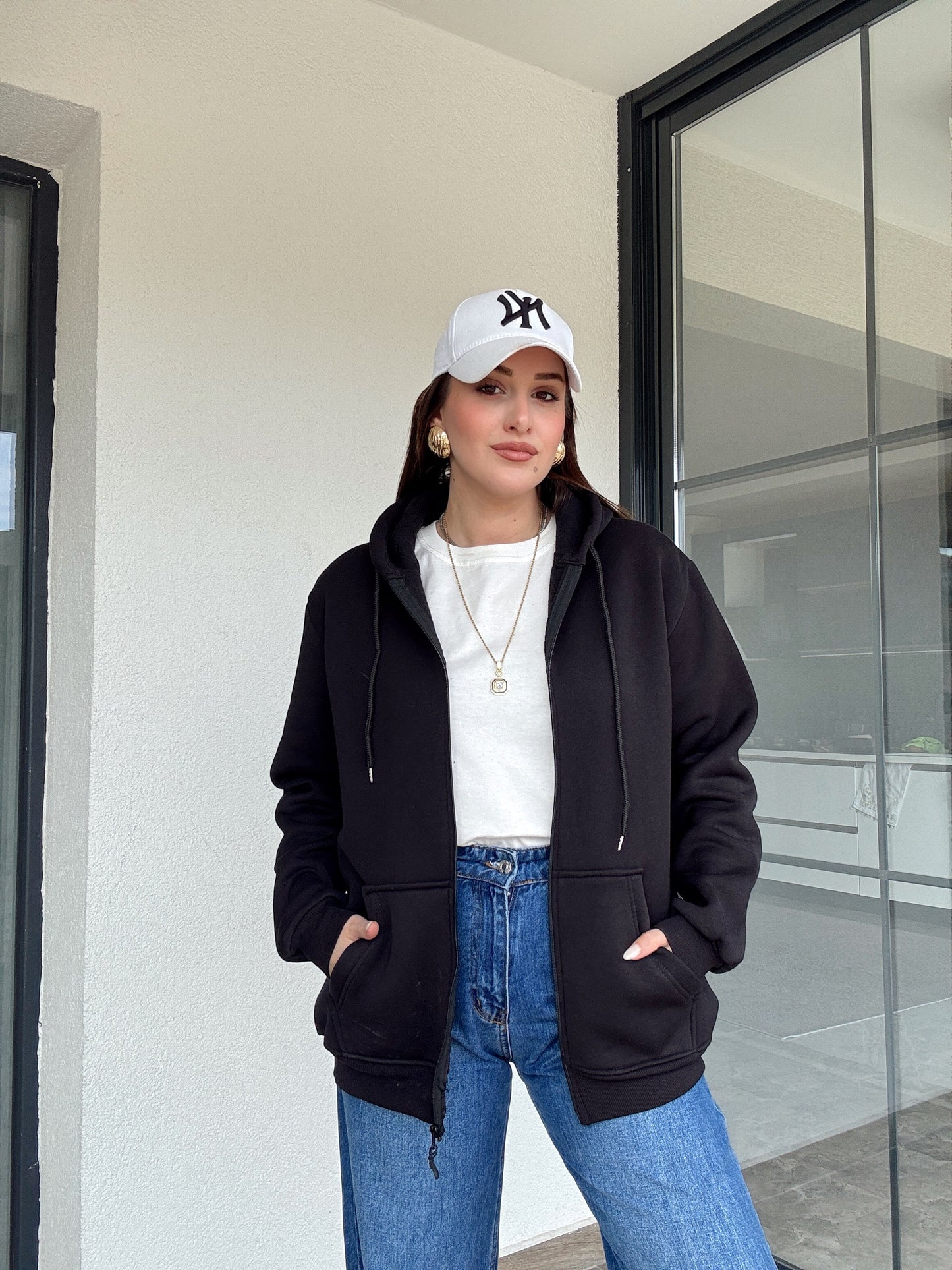 Şardonlu kapüşonlu sweatshİrt-SİYAH