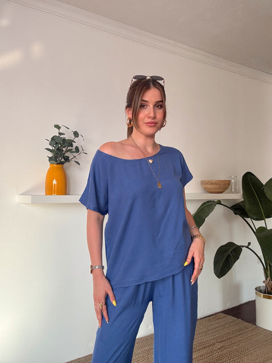 Düşük omuz detaylı tensel kumaş takım indigo