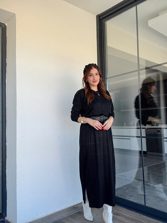 Şerit detaylı uzun triko elbise SİYAH