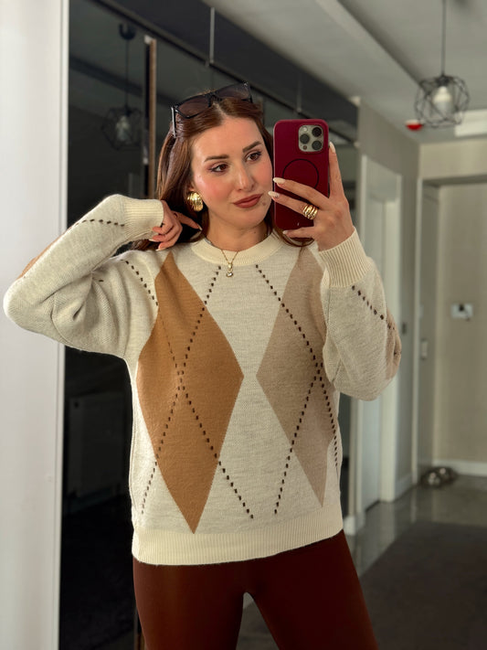 Şerit detaylı baklava desenli kazak-bej