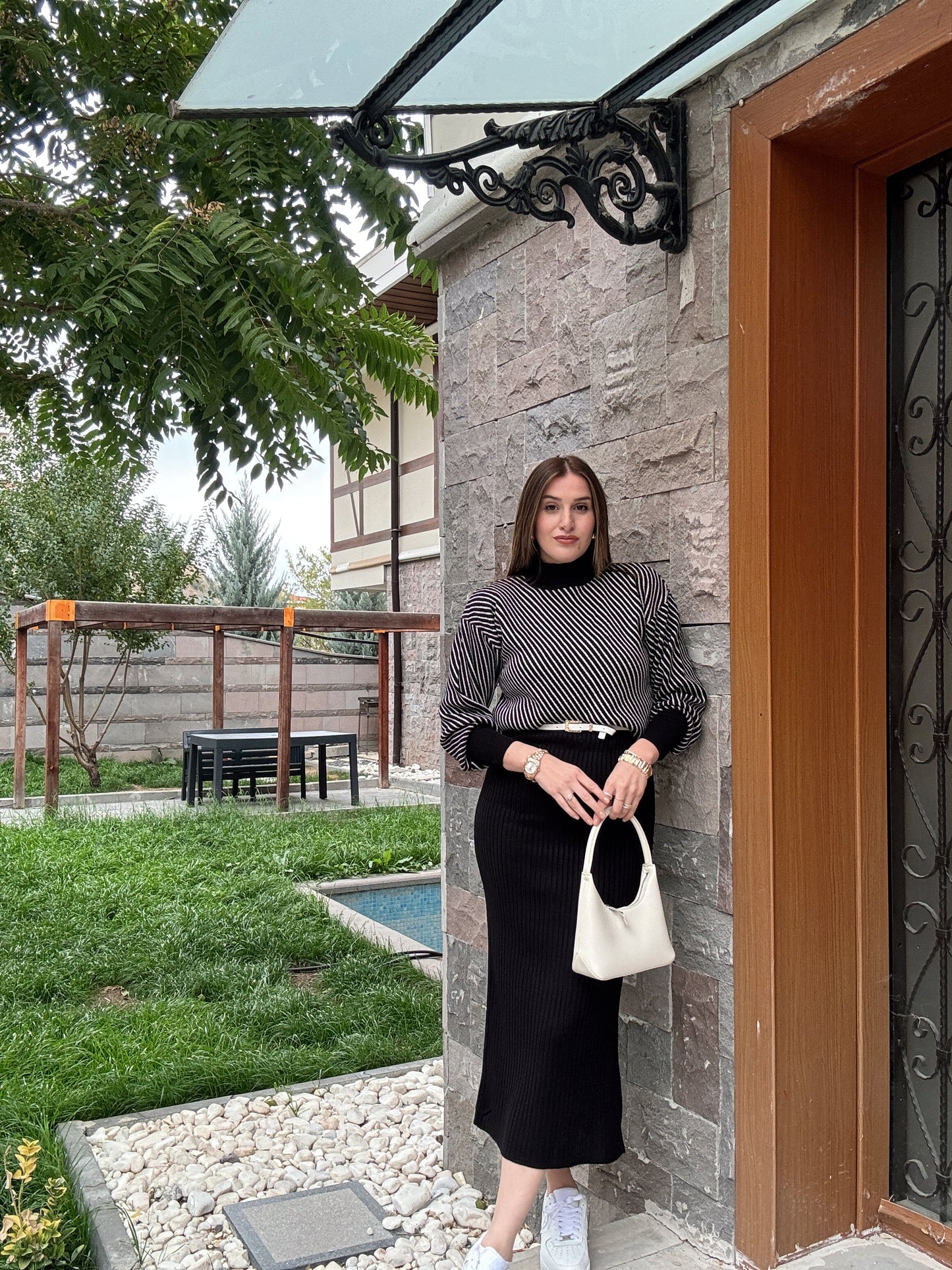 Yatay Çizgili Pikeli Jileli Takım - SİYAH