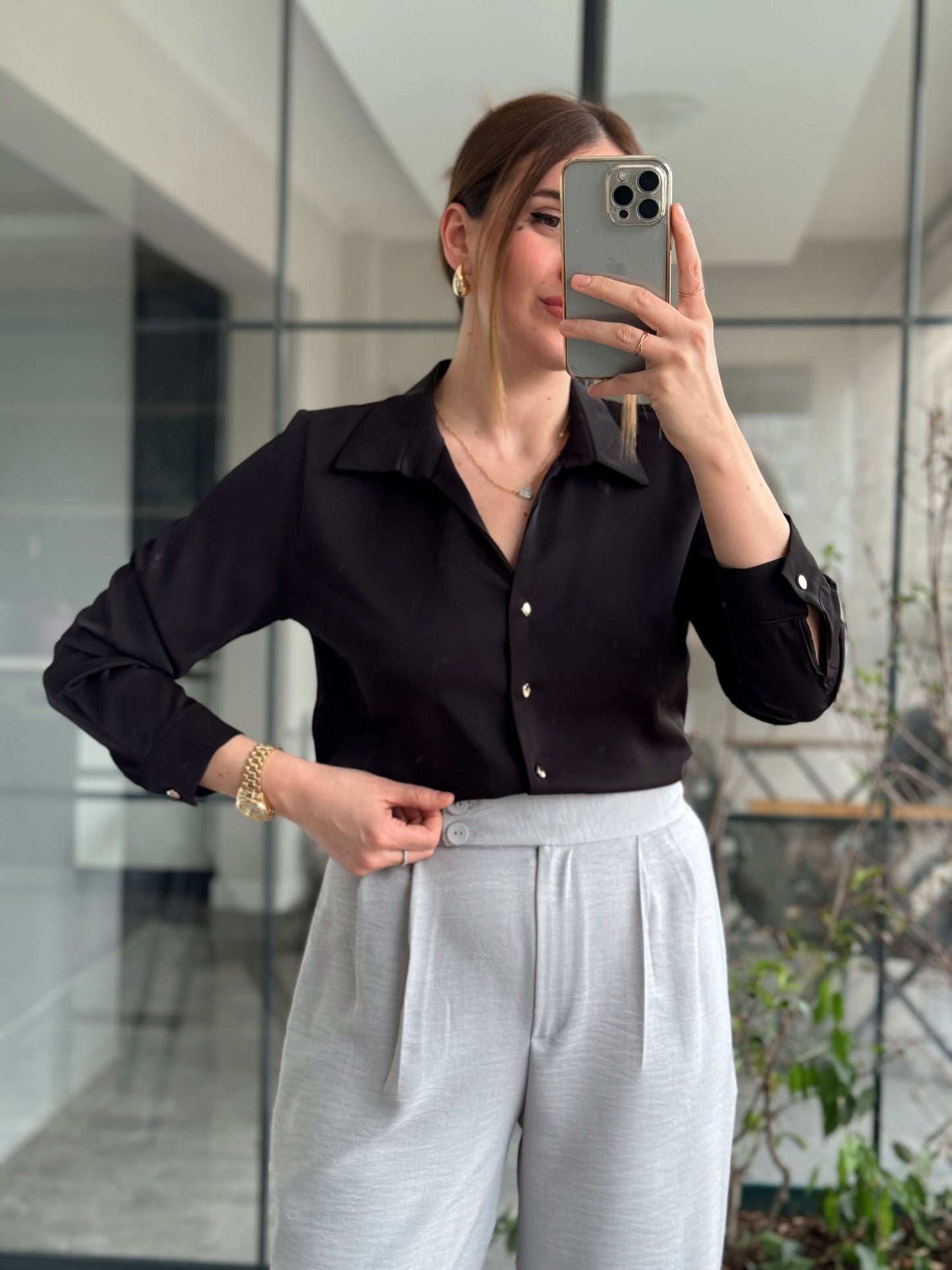 Liza Saten Gömlek - SİYAH