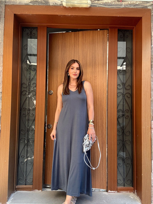 Modal kumaş lastik askılı elbise GRİ
