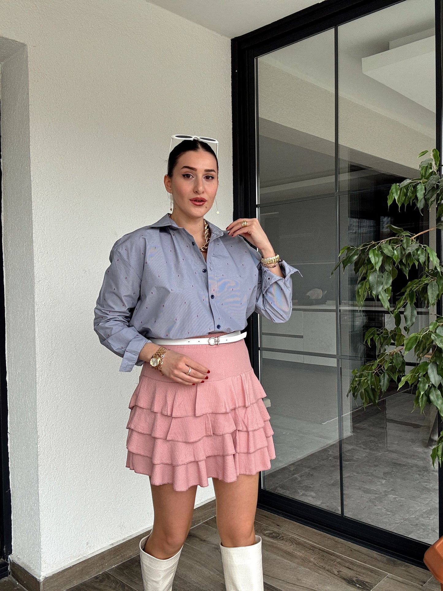 Astarlı Katlı Şort Etek - PUDRA