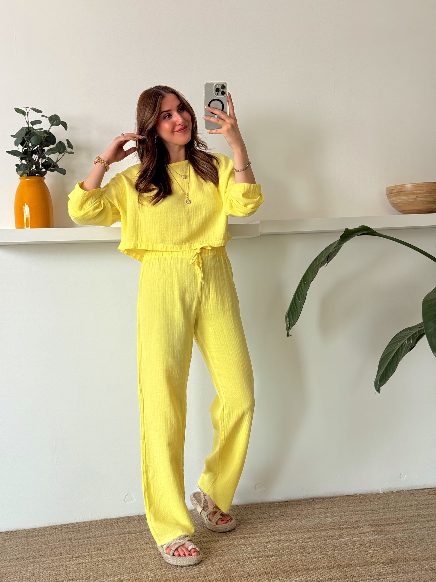 Keten uzun kol crop pantolon ikili takım SARI