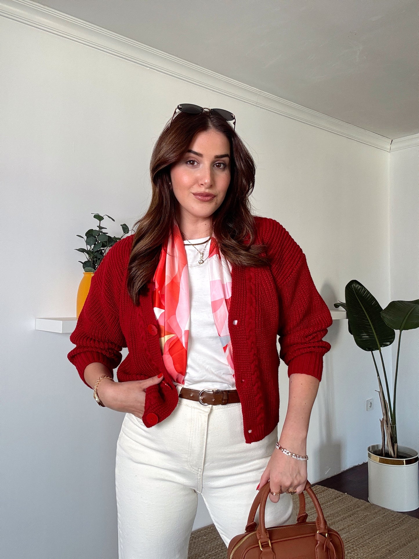 3 Düğme Saç örgü hırka Kırmızı