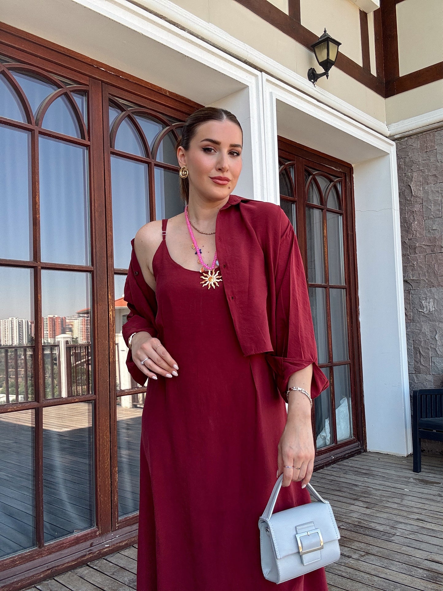 LİZBON gömlek elbiseli ikili takım BORDO