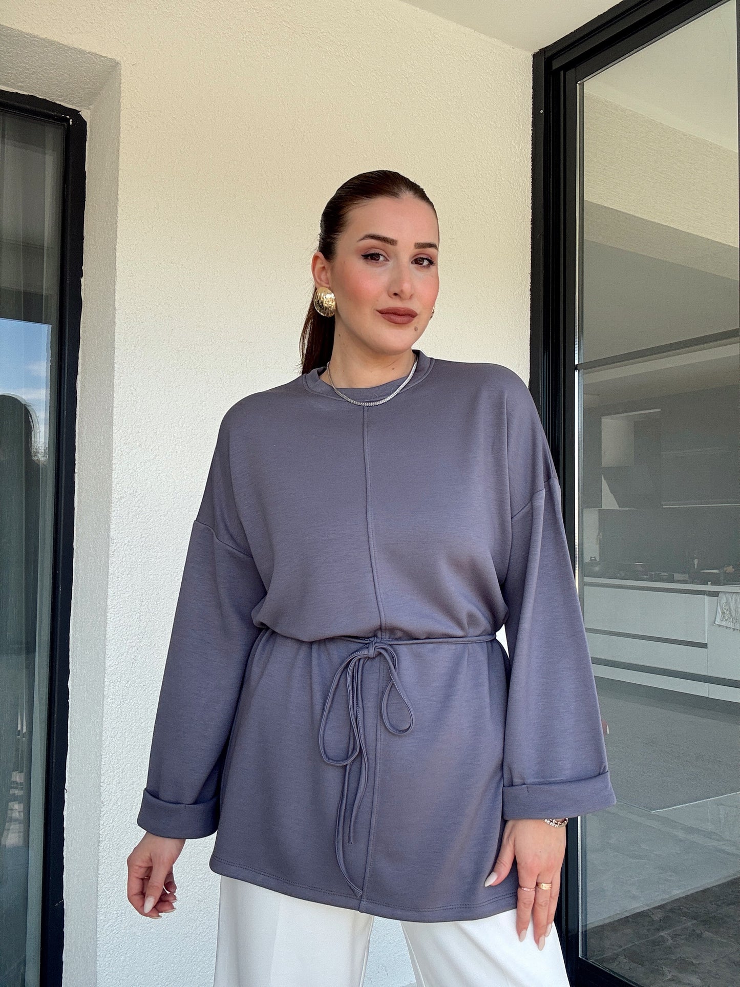 Modal kumaş duble kol tunik-GRİ