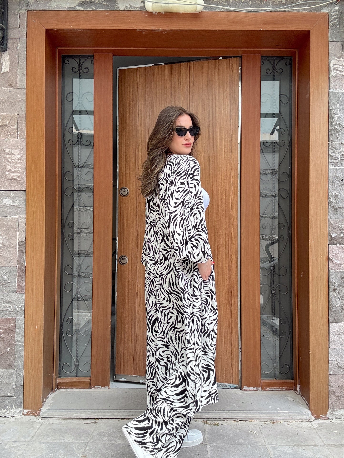 Desenli Kimono Takım Beyaz