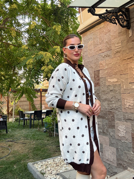 Puantiye Desenli Düğmeli sakal hırka Kahve