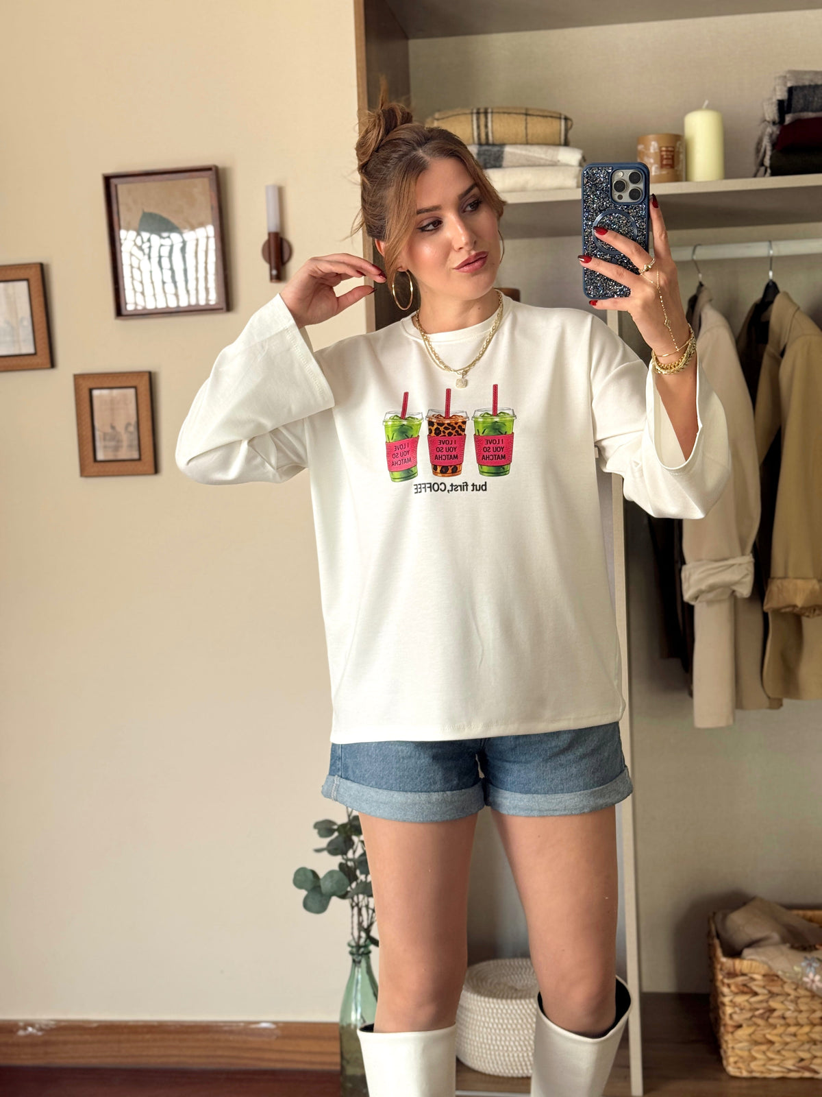 Leopar Coffe Modal sweat Beyaz