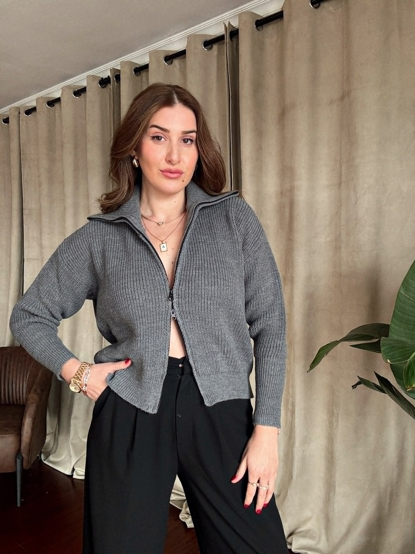 Fermuarlı Örgü Ceket - FÜME