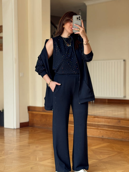 Üçlü Taşlı Oys Takım-LACİVERT