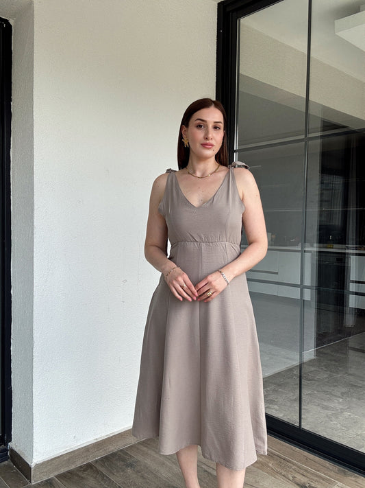 Omuz bağlama detay viskon elbise VİZON