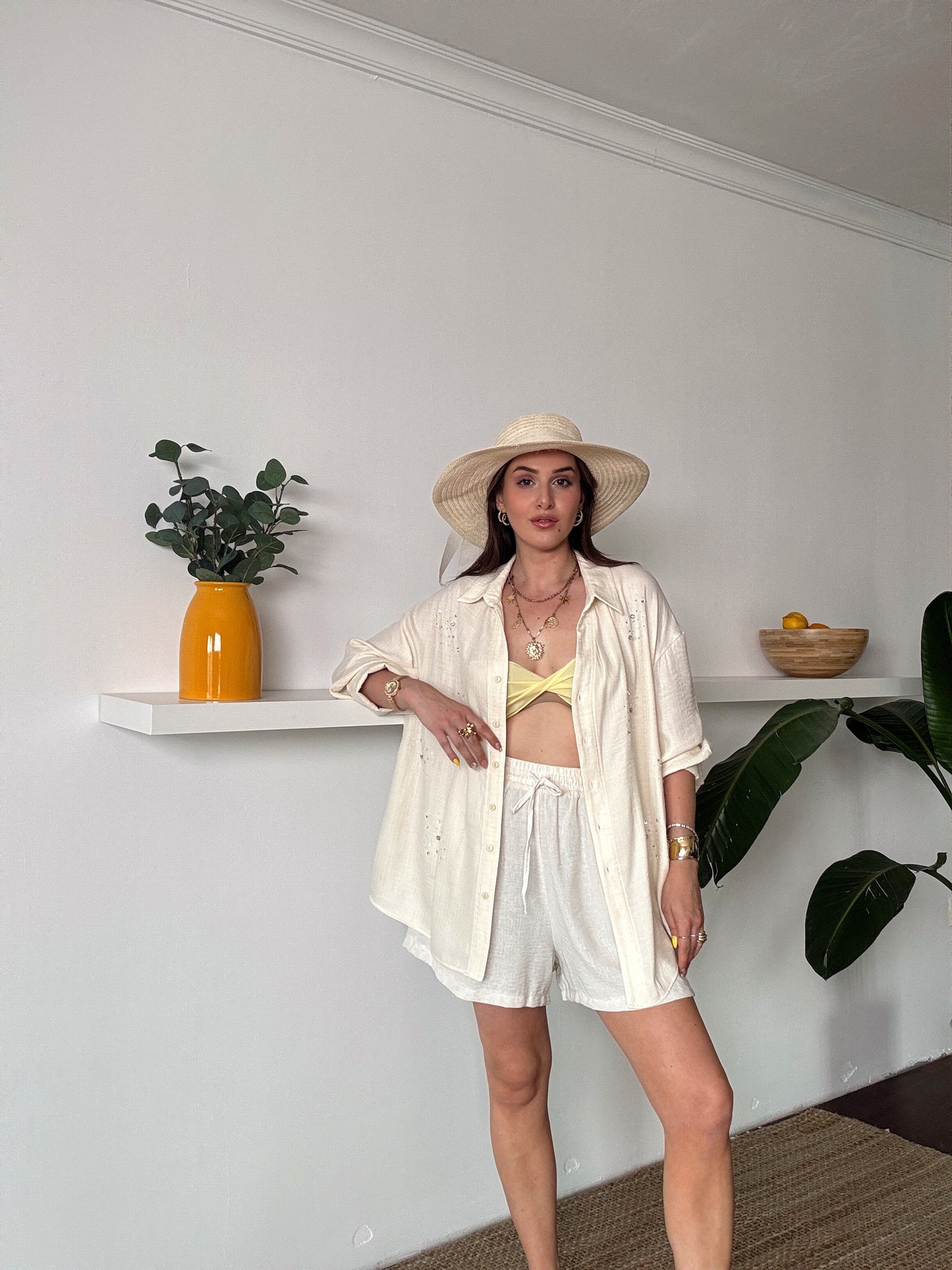 DİANA taş detaylı KETEN gömlek BEJ