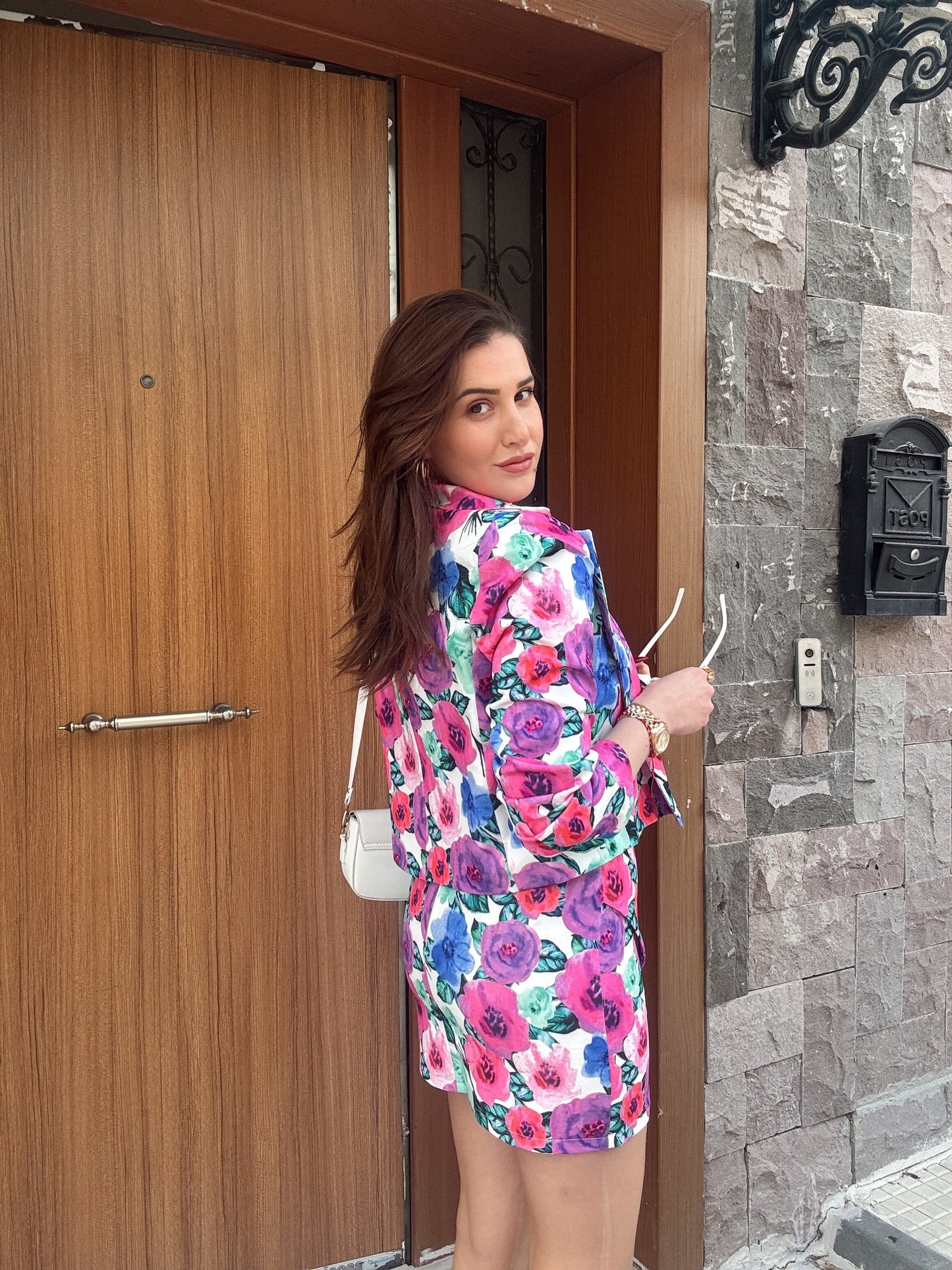 Rose motif ceket etek ikili takım PEMBE