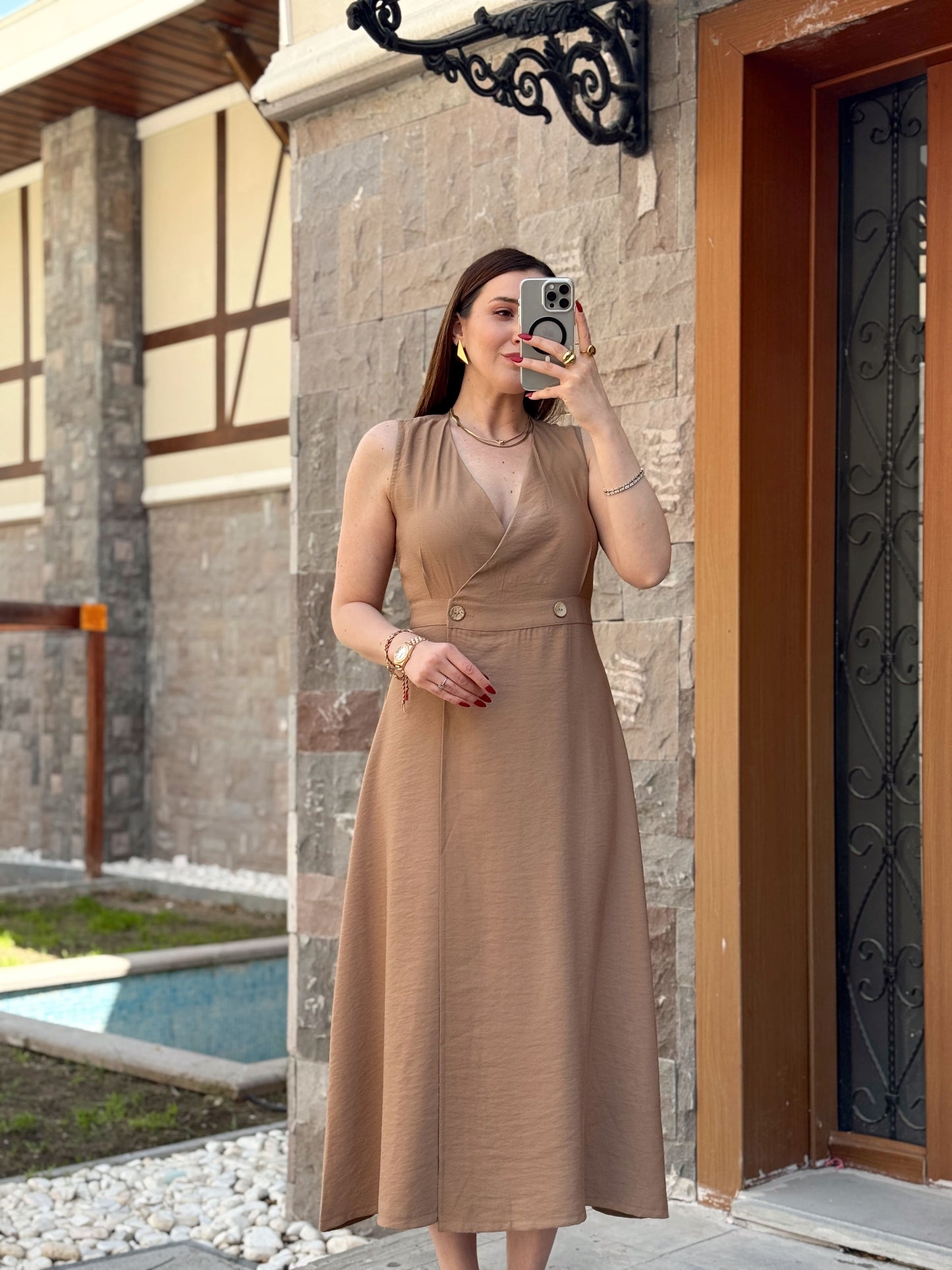 Keten düğmeli uzun elbise CAMEL
