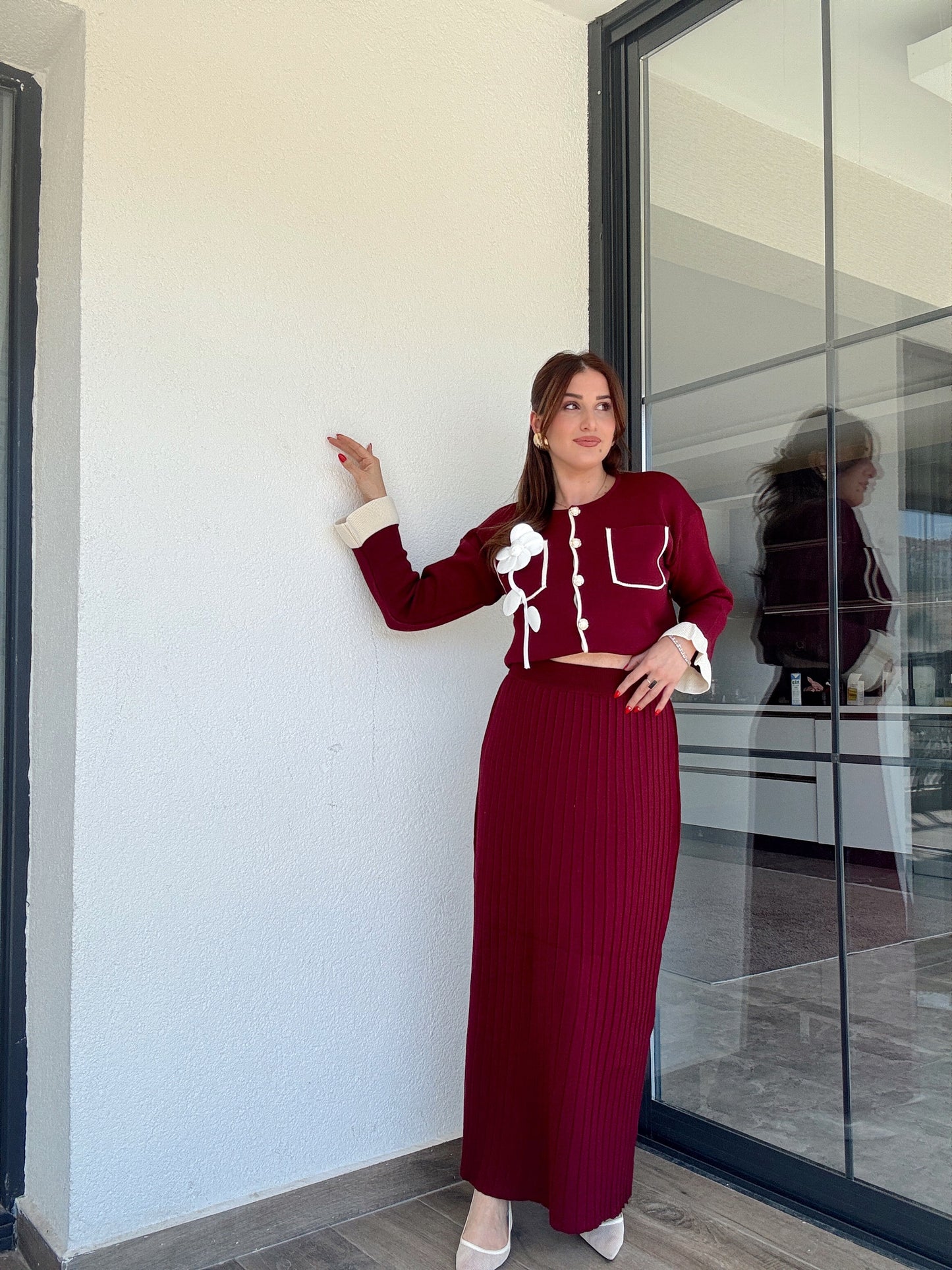 Florya etekli ikili triko takım bordo