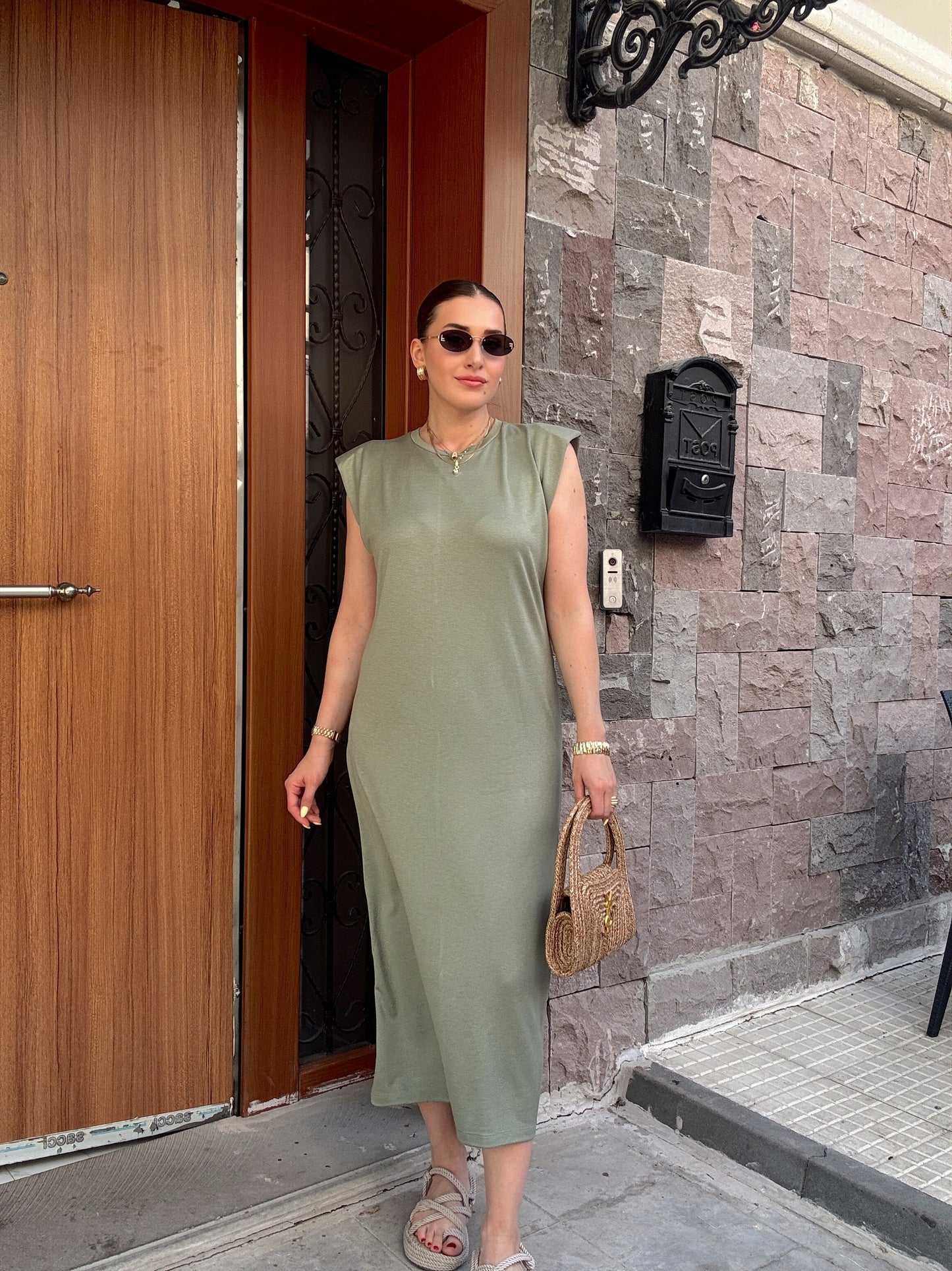 Modal kumaş vatkalı bisiklet yaka elbise YEŞİL