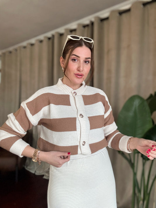 Kalın Çizgi Gold Düğme Hırka - CAMEL