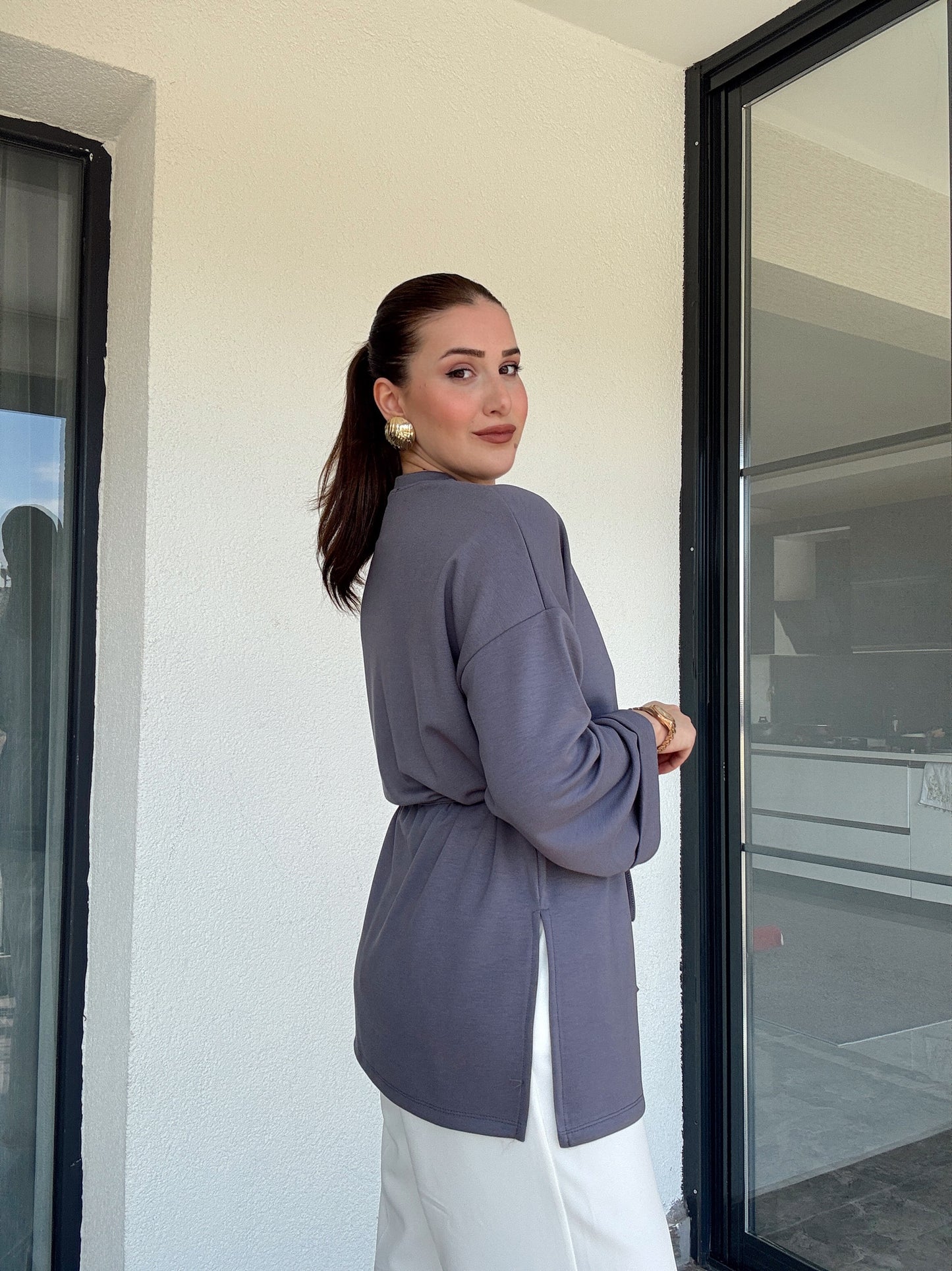 Modal kumaş duble kol tunik-GRİ