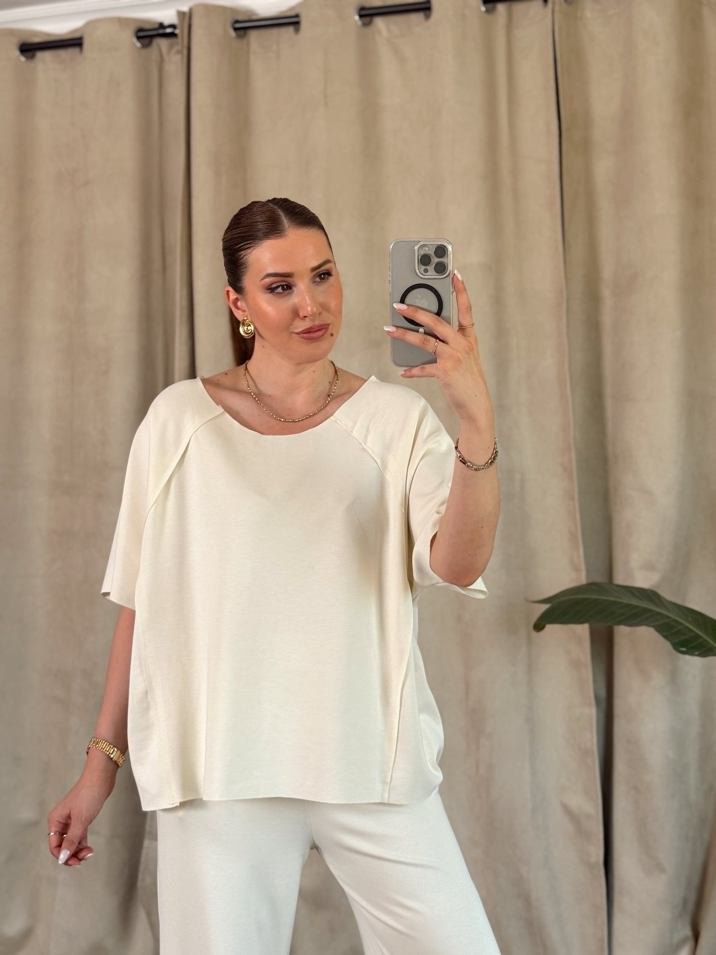 Kayık yaka lazer kesim modal takım EKRU