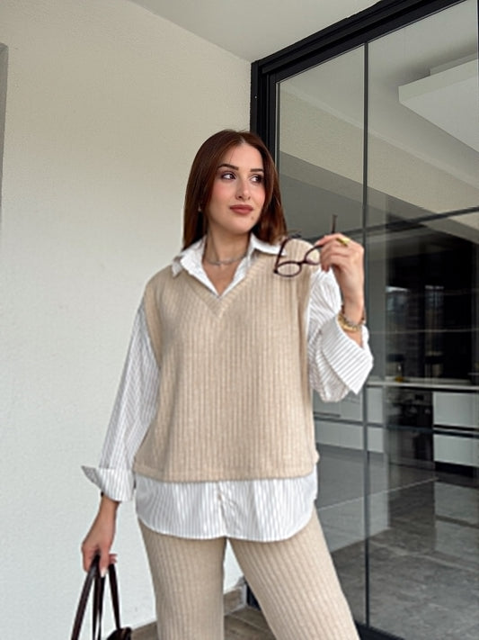 Gömlek yaka Triko Takım BEJ