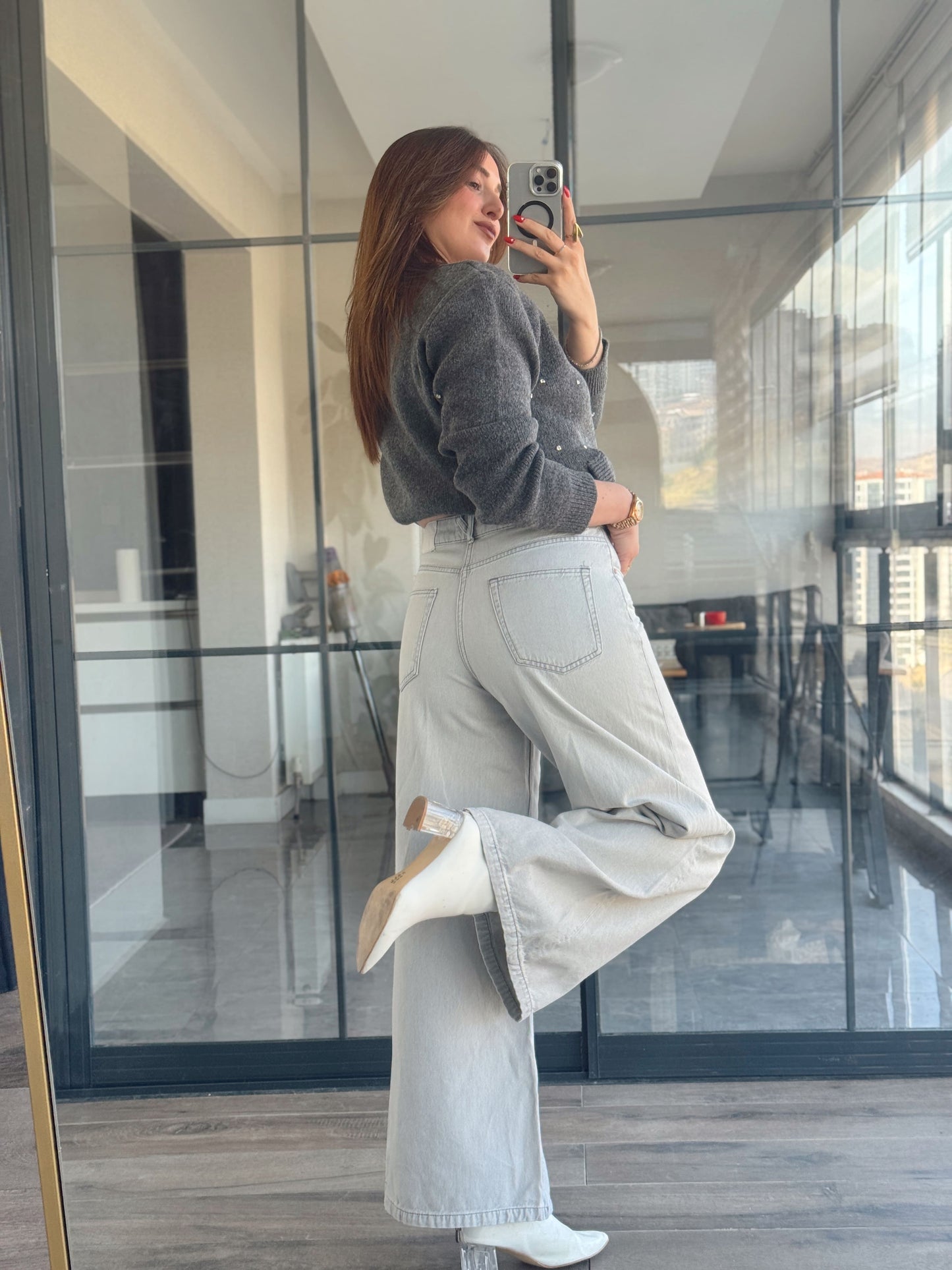 Zr model ekstra bol paça yıkamalı jean gri