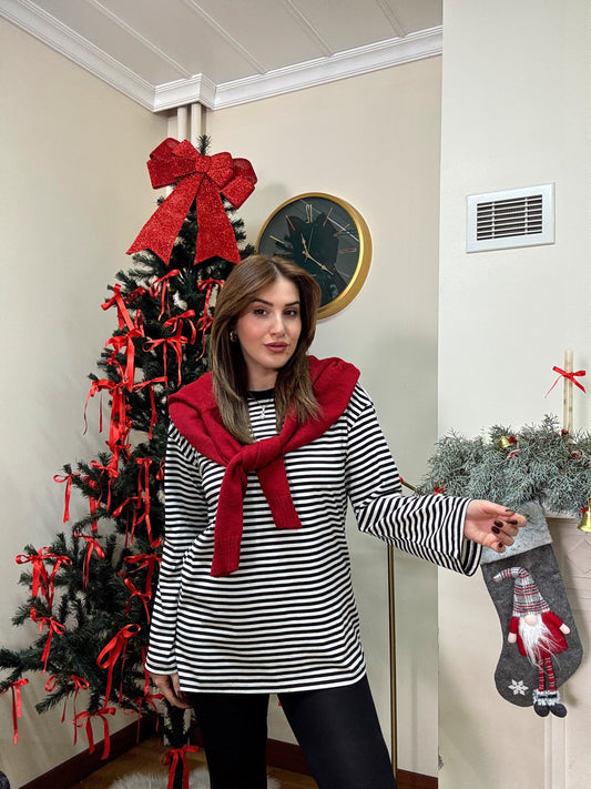 Bisiklet yaka uzun kol çizgili bluz-SİYAH