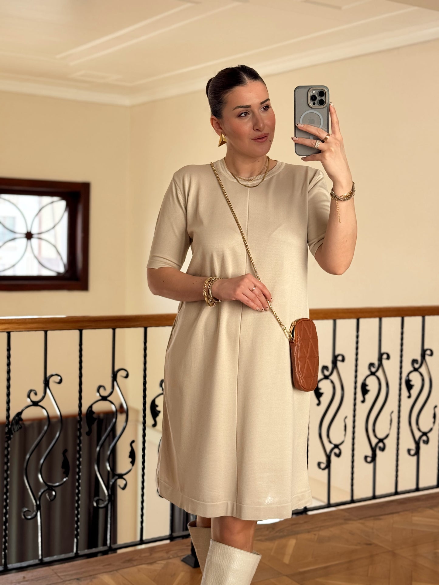 Kısa Kollu Triko Elbise-BEJ