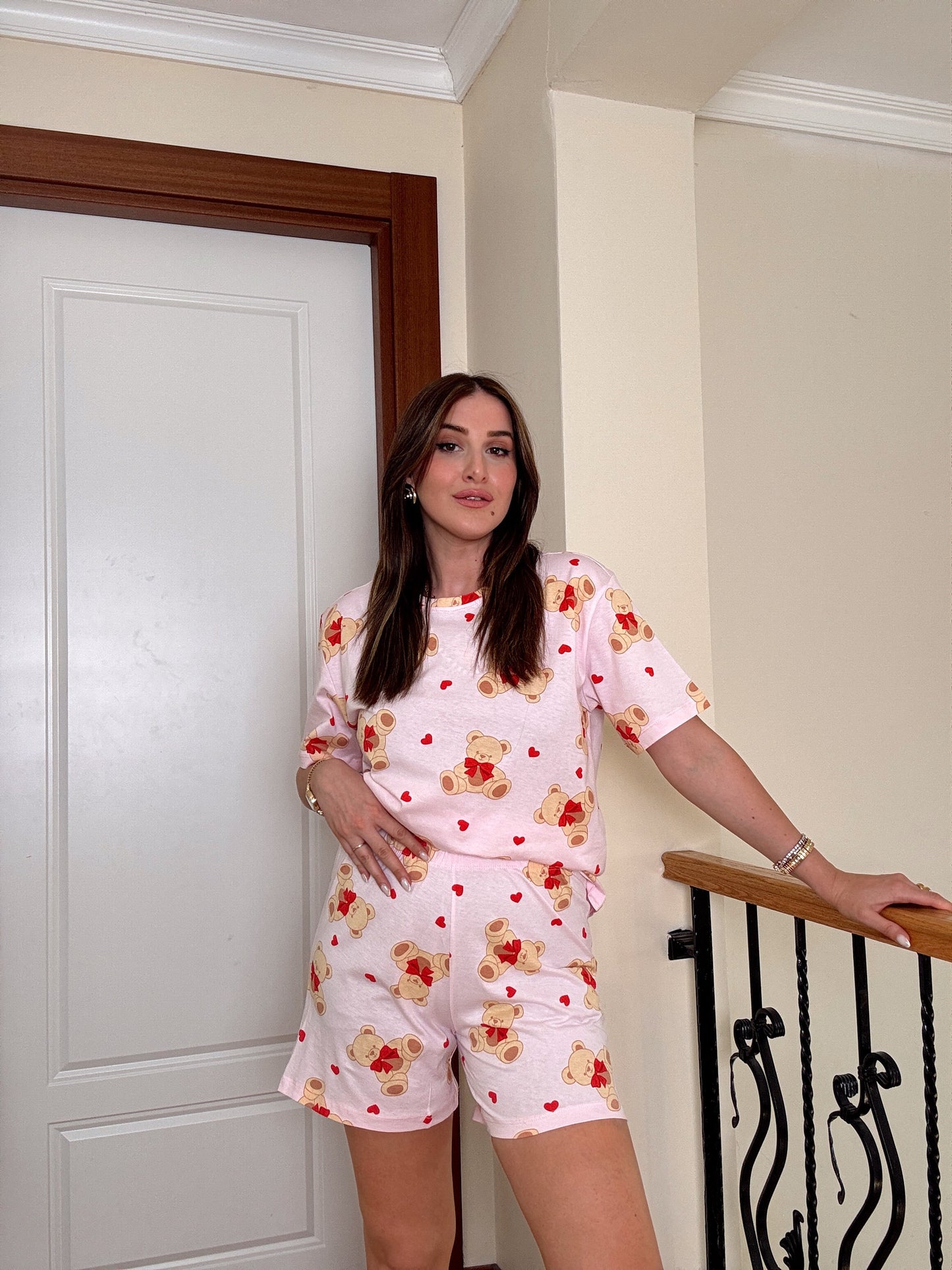 Kalpli Ayıcık Baskılı Pijama Takımı Pembe
