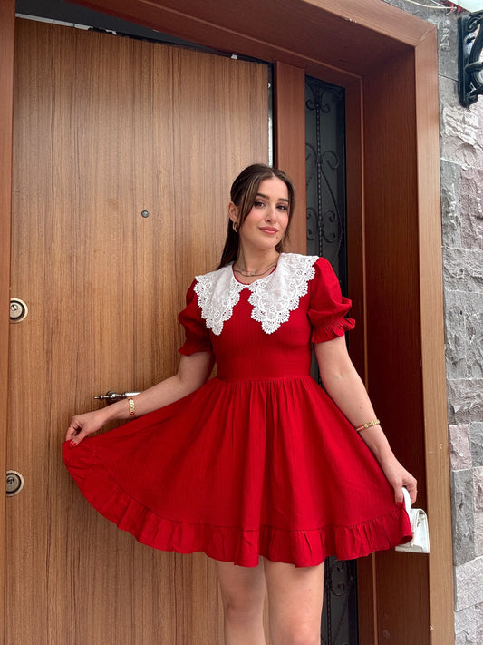 Güpür yaka detaylı keten elbise BORDO