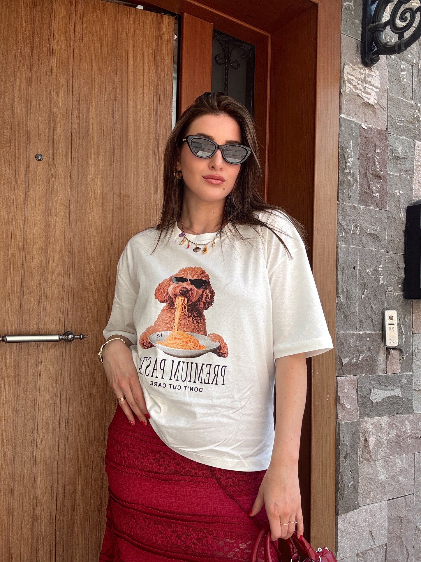Dog baskı detaylı oversize tişört BEYAZ