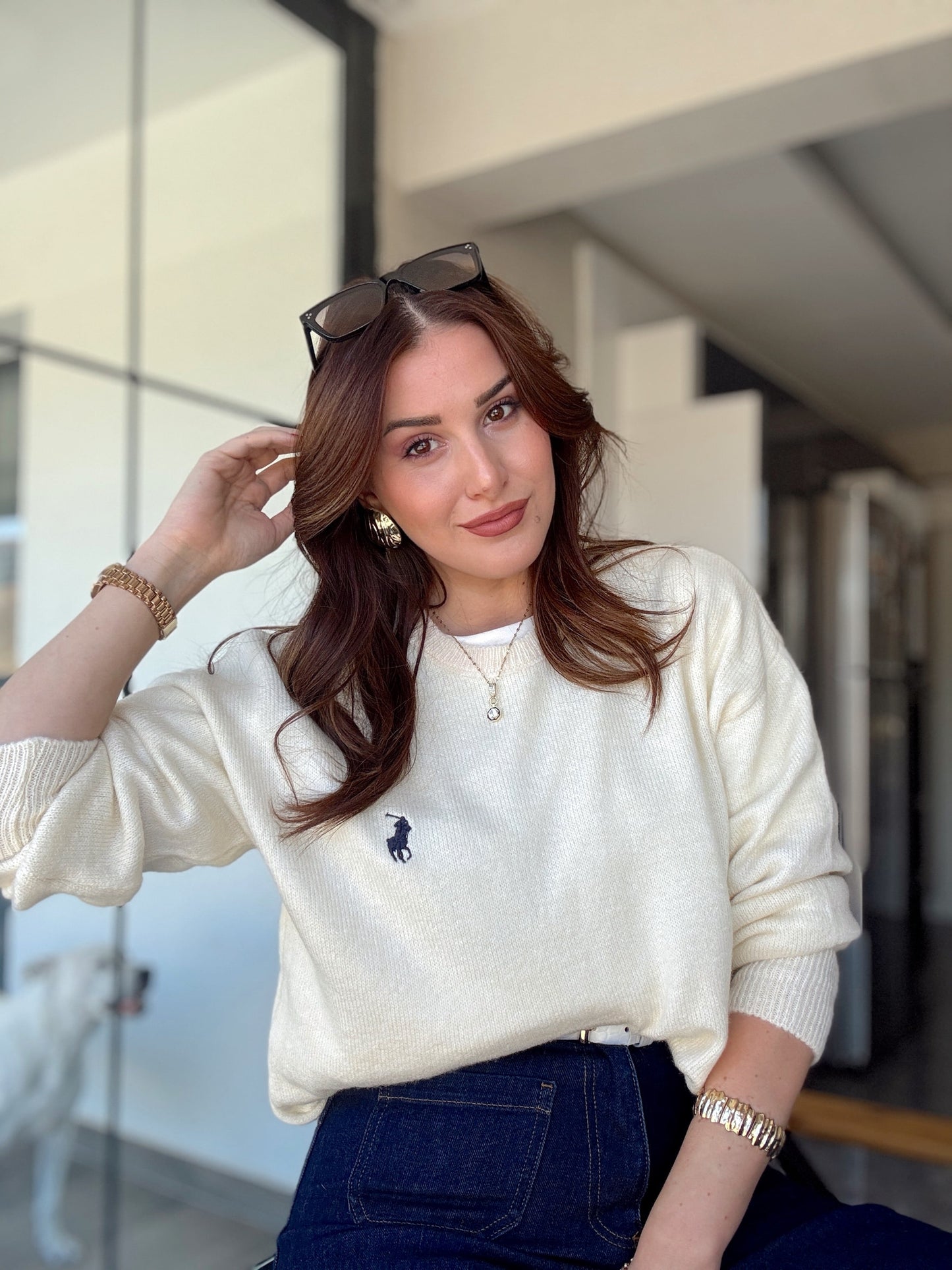 Nakışlı Oversize Triko Kazak Ekru