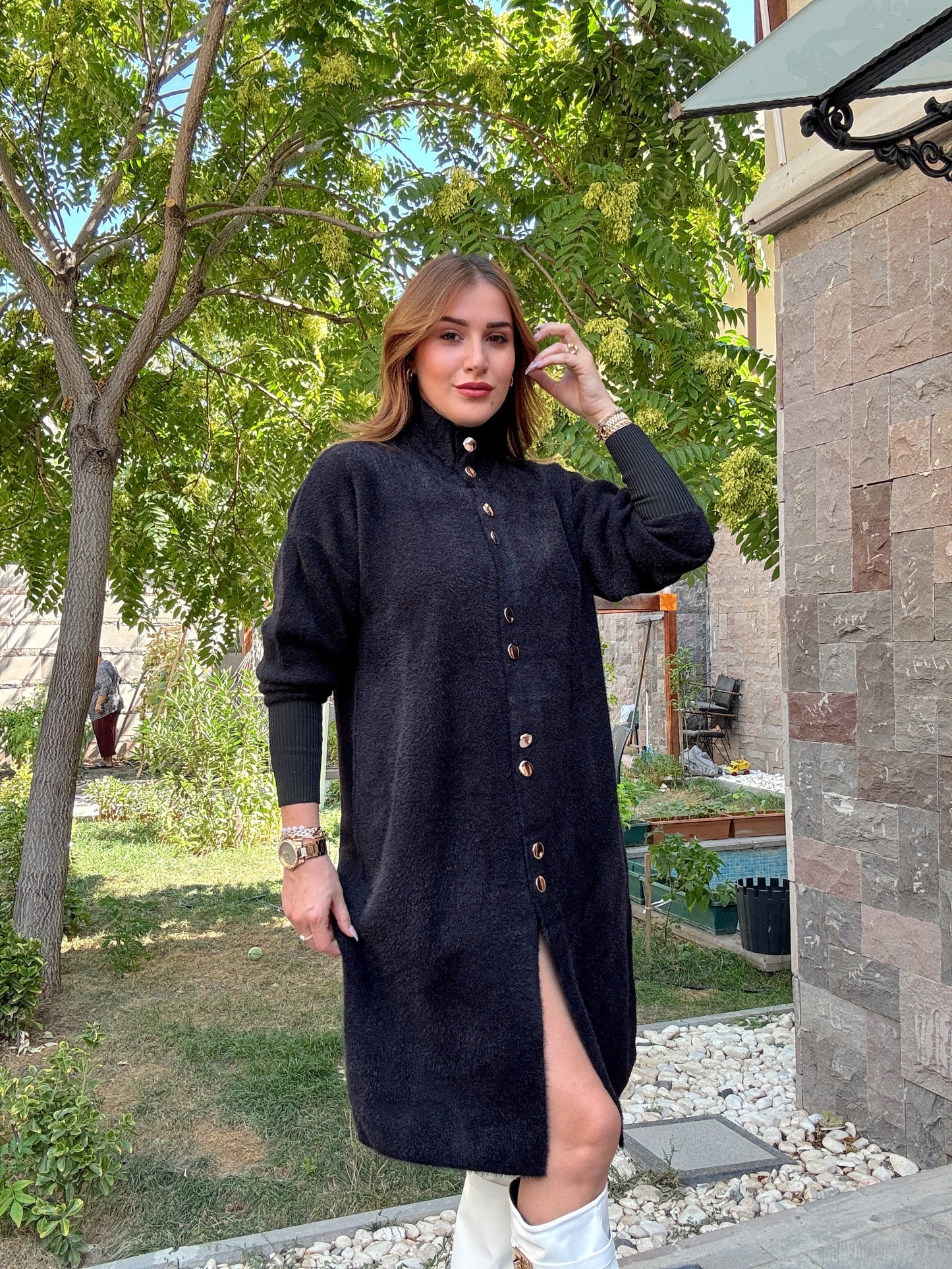 Sakal kumaş düğmeli premium hırka siyah