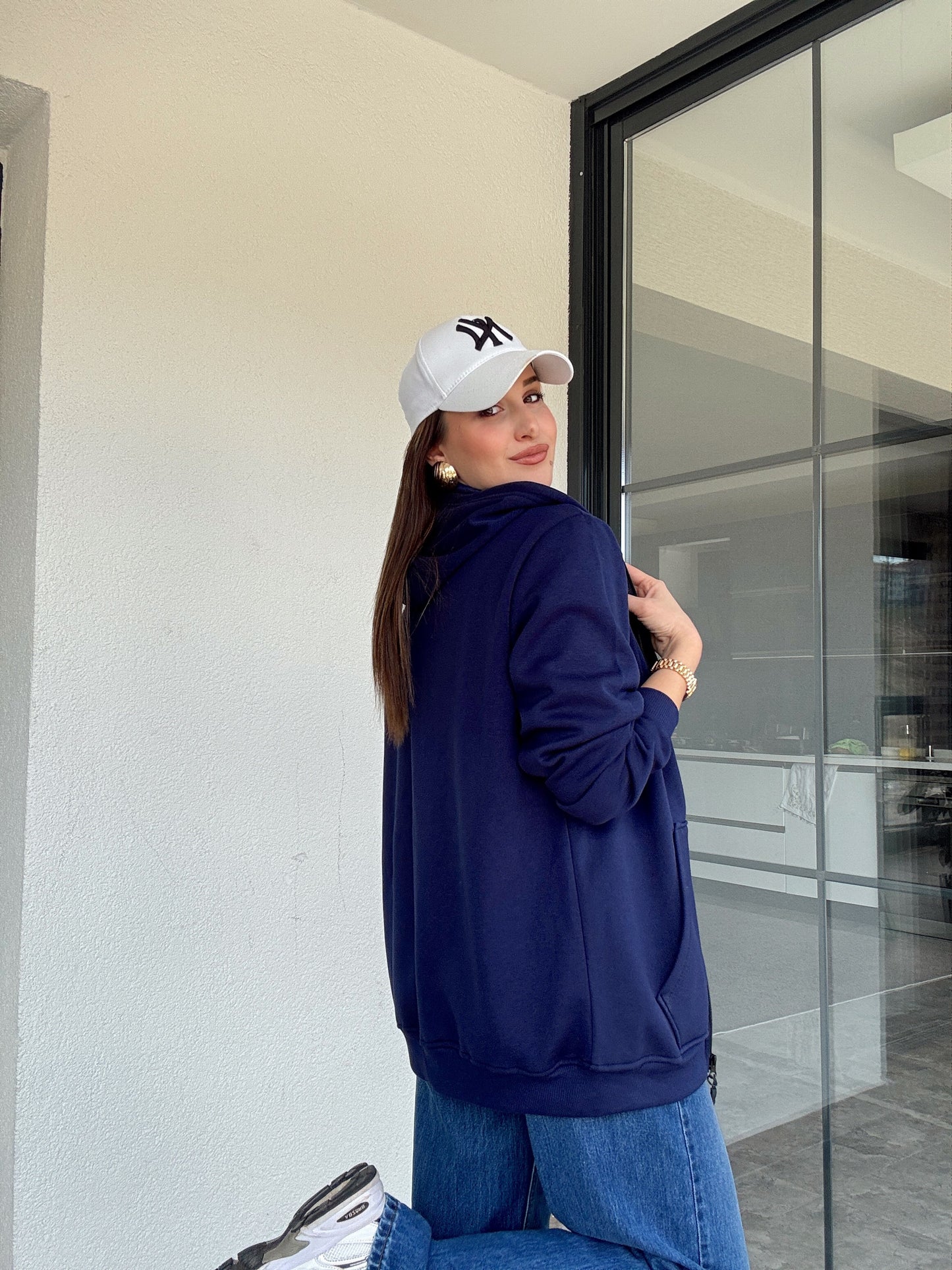 Şardonlu kapüşonlu sweatshİrt-KOYU MAVİ