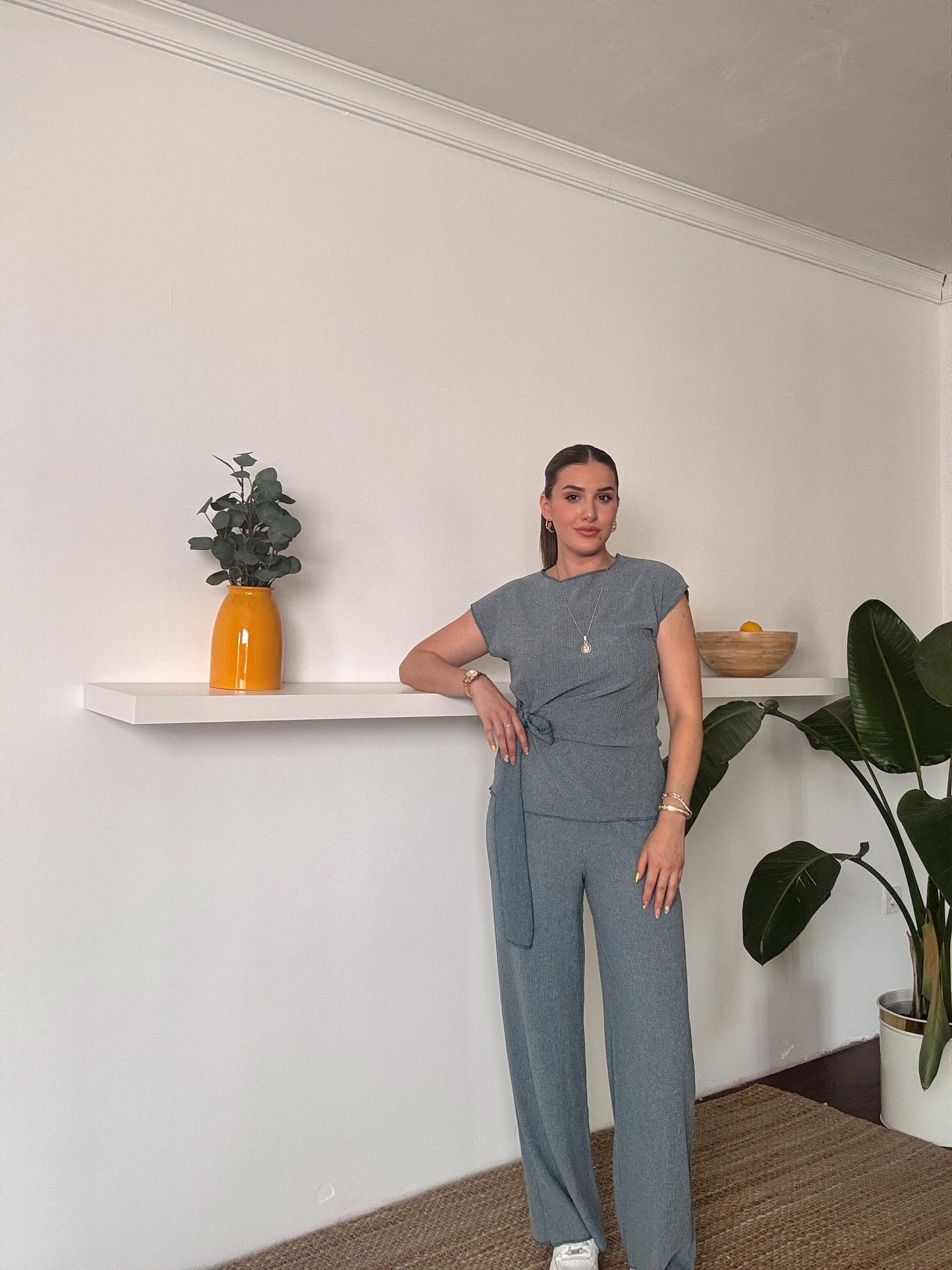 Bağlama detaylı bluz pantolon ikili takım PETROL MAVİSİ