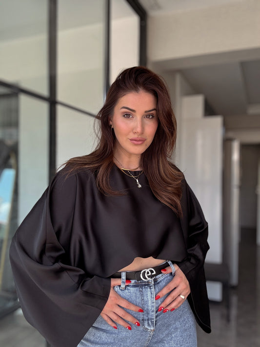 Yarasa kol saten bluz Siyah