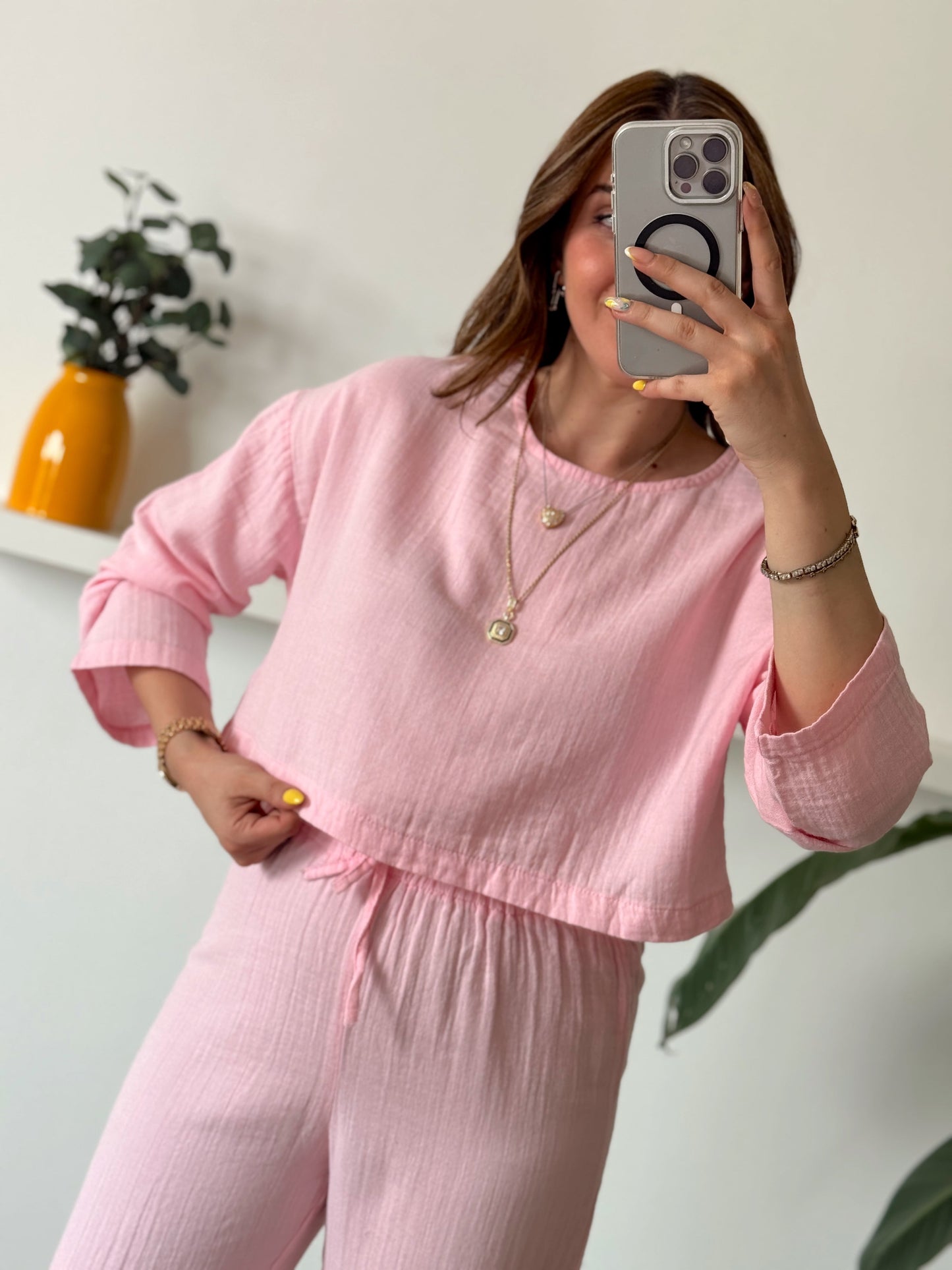 Keten uzun kol crop pantolon ikili takım PEMBE