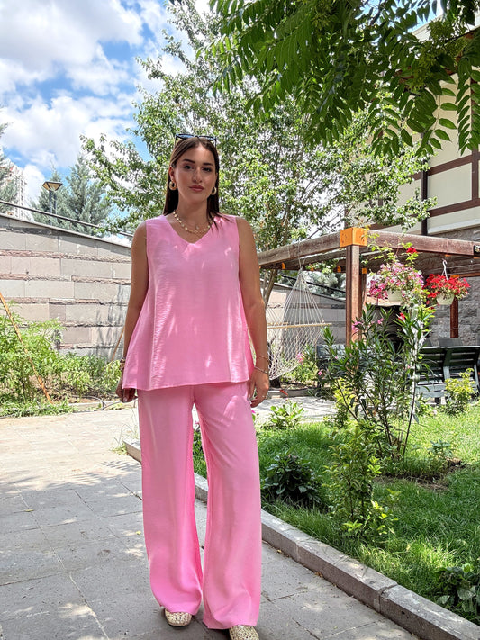 TENCEL v yaka salaş takım PEMBE