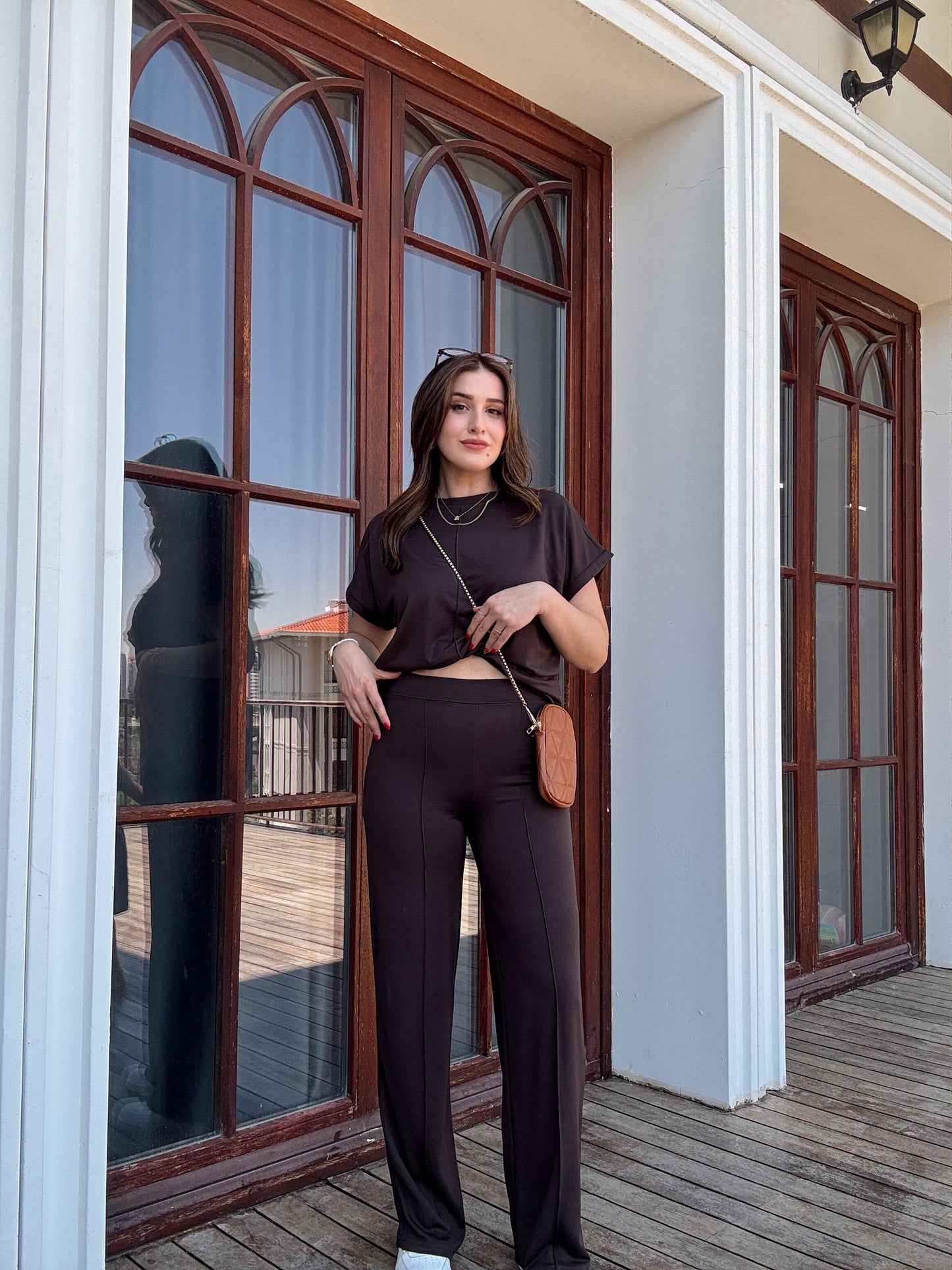 Modal kumaş çimalı ikili takım KAHVERENGİ