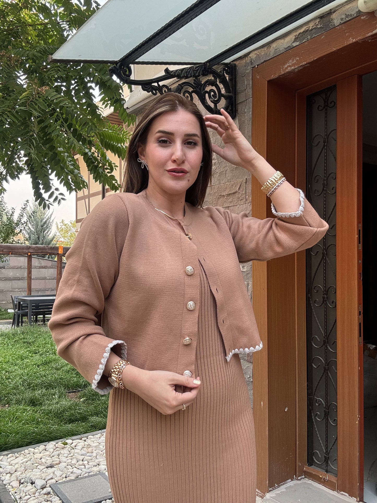 Çoban Dikişli Ceketli Triko Takım - CAMEL
