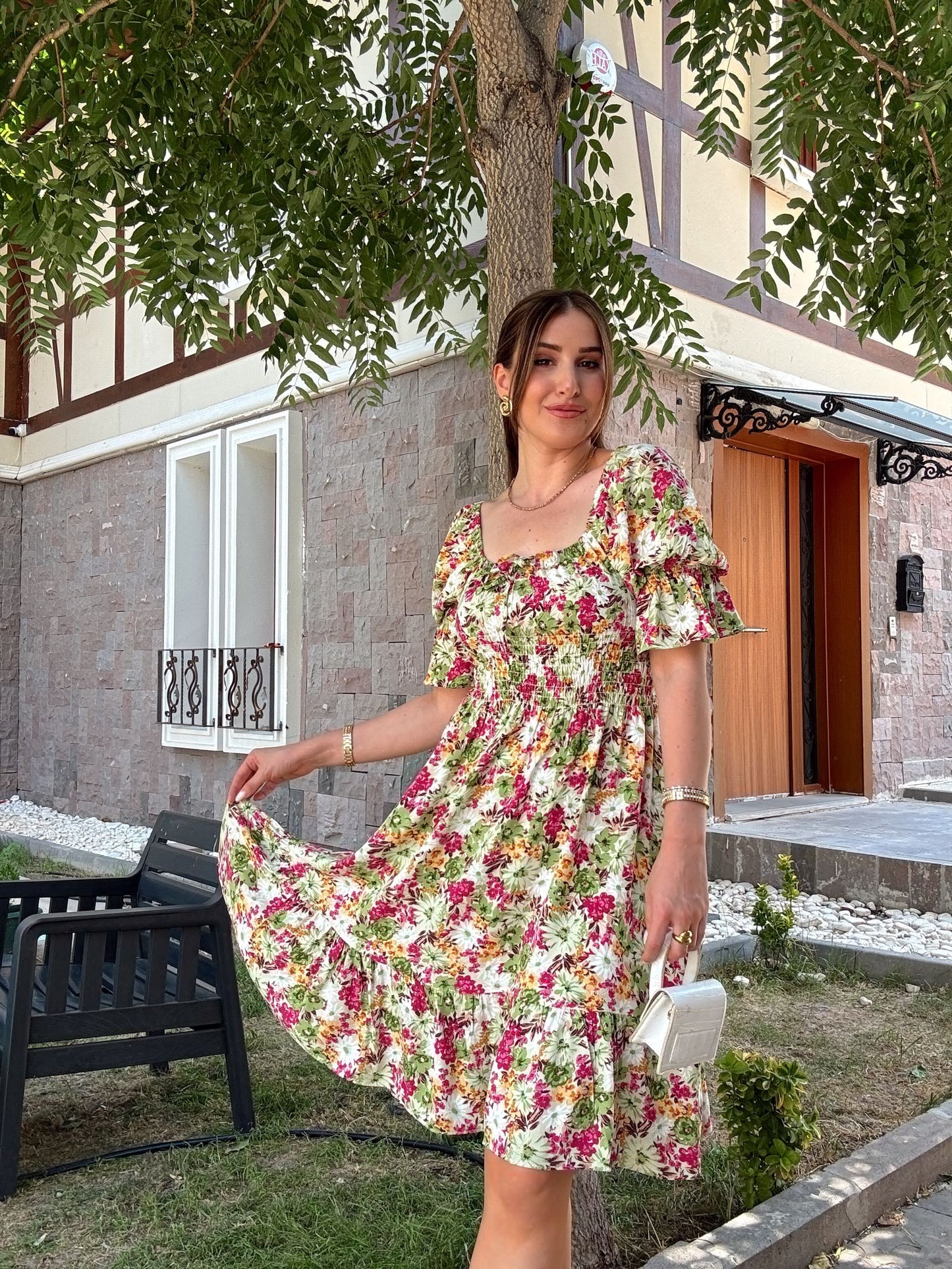Madonna yaka gipeli elbise -YEŞİL