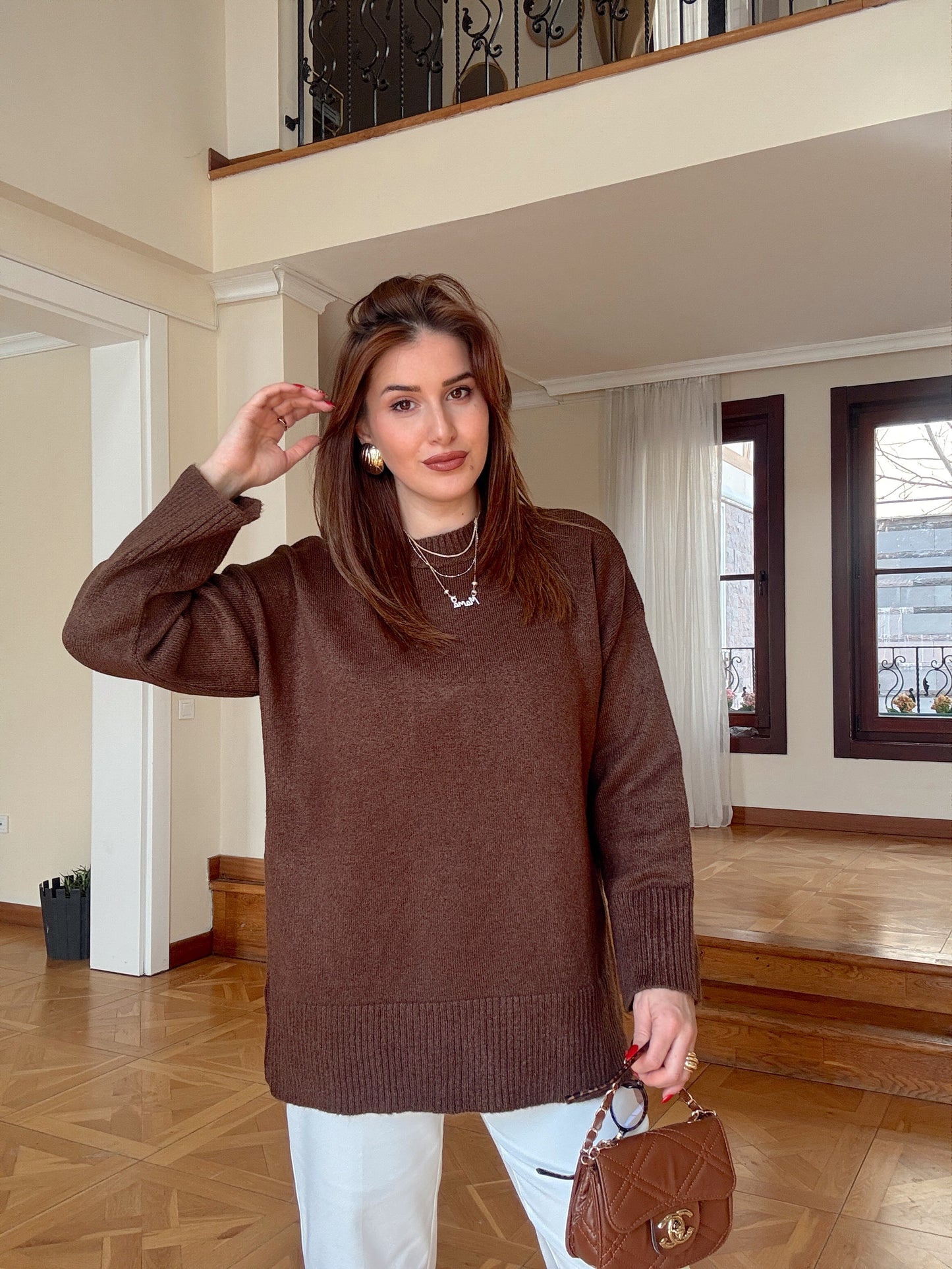 Yumoş sıfır yaka salaş kazak-KAHVERENGİ