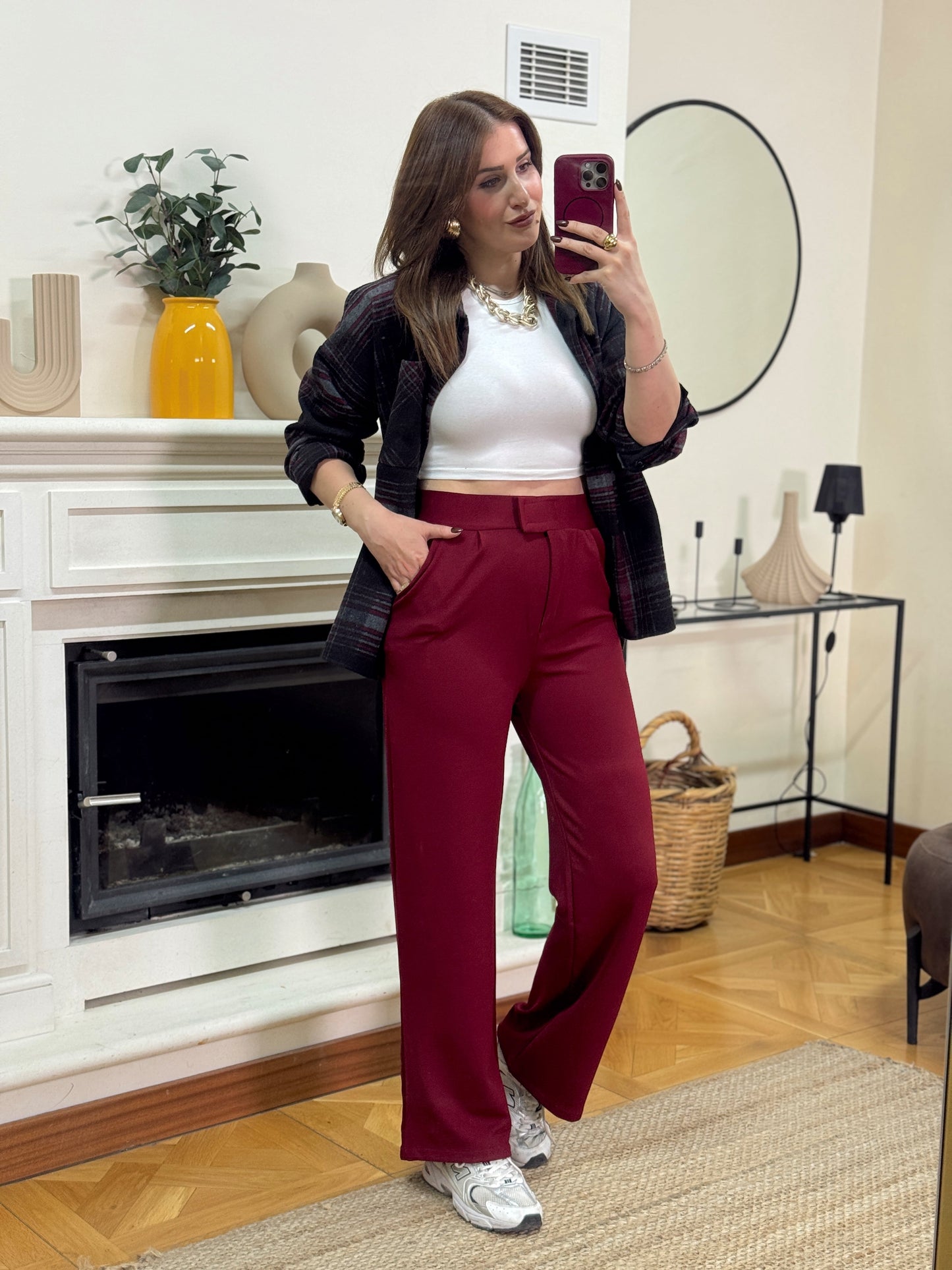 Ekose desen tek cepli gömlek BORDO